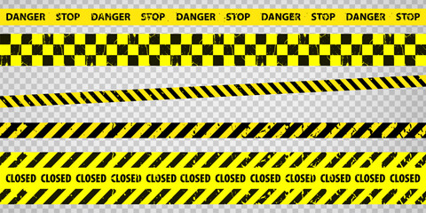 Black and yellow police stripe border, construction, danger, closed caution tapes set. Set of danger caution grunge tapes.  Warning signs for your  design on transparent background. EPS10 - obrazy, fototapety, plakaty