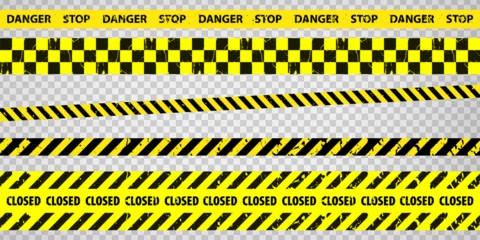 Fotobehang Black and yellow police stripe border, construction, danger, closed caution tapes set. Set of danger caution grunge tapes.  Warning signs for your  design on transparent background. EPS10 © katarinanh