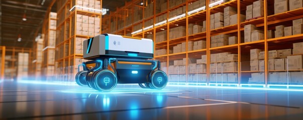 Concept of smart factory and 5G for industrial. Autonomous Robotic transportation or Automated guided vehicle systems(AGV) operating transfer box in automated warehouses. Generative AI
