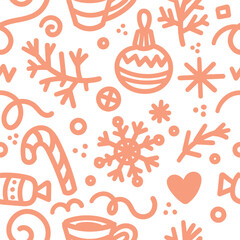 New Year seamless pattern on a white background. Winter doodle wallpaper with snowflakes, sweets and toys.