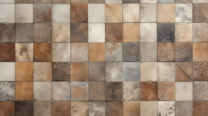 Old brown gray rusty vintage worn geometric shabby mosaic ornate patchwork motif porcelain stoneware tiles stone concrete cement wall texture background banner panorama. Generative AI.