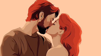 copy space, stockphoto, man kissing a ginger woman. Happy couple together giving a tender kiss. Kiss a Ginger Day theme. Diversity. Ginger is beautiful.