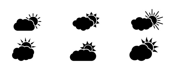 Set of suns with clouds vector icons. Weather icon. Sunshine with rays. Vector 10 Eps.