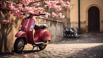 Foto auf Acrylglas Scooter A vintage scooter parked on a cobblestone street with spring blossoms.