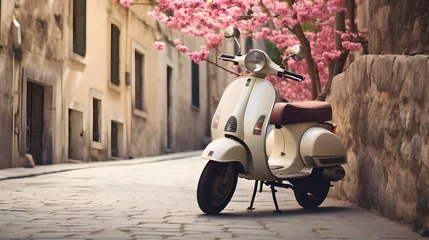 Poster Im Rahmen A vintage scooter parked on a cobblestone street with spring blossoms. © Julian