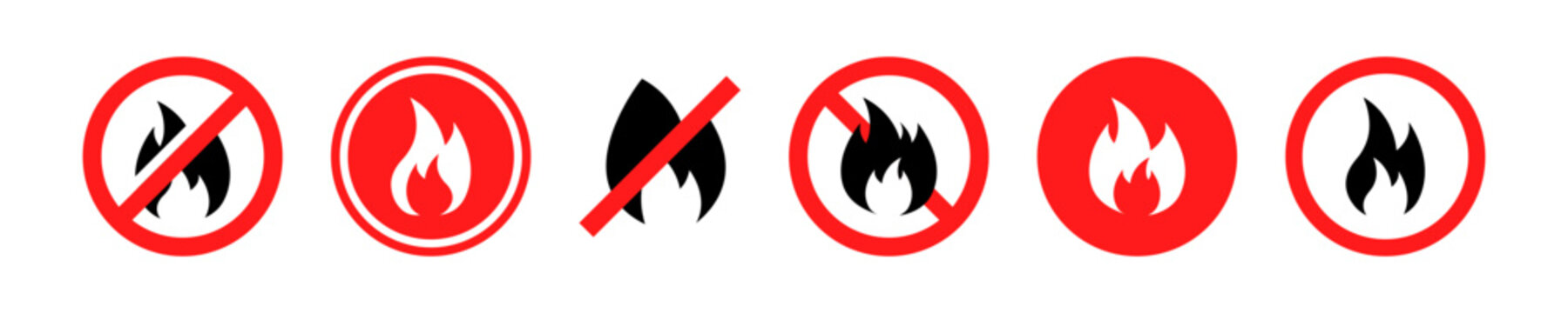 Set of no fire vector icons. Red forbidden signs of ban campfire or flame. Vector 10 Eps.