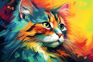 Abstract colorful portrait of a cat with expressive eyes