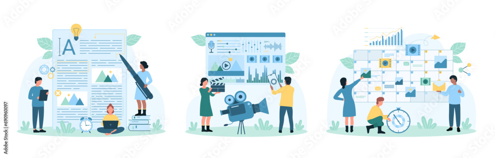 Poster text and video content creation set vector illustration. cartoon tiny people write article text for 