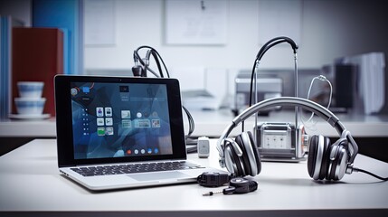 Modern workspace with laptop, tablet, headphones, and smartphone on a white desk, office background.