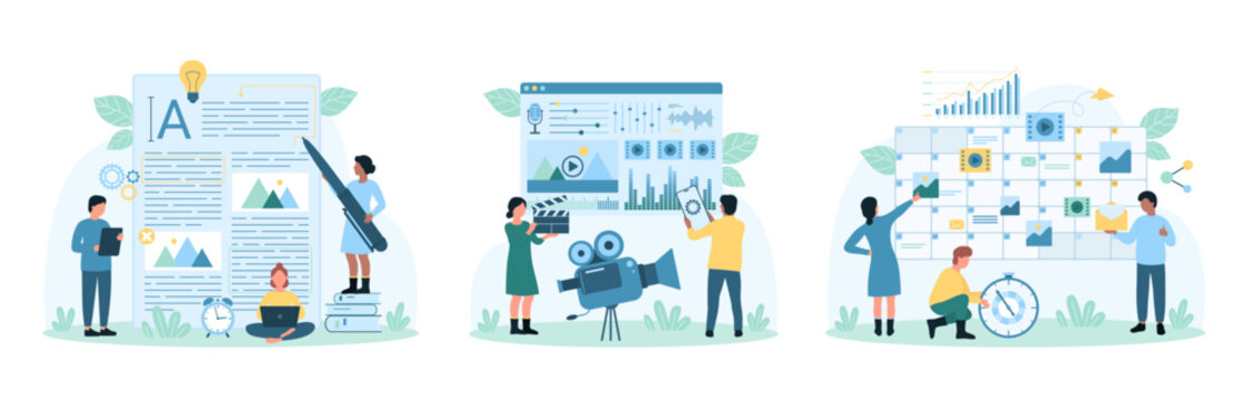 Text and video content creation set vector illustration. Cartoon tiny people write article text for blog on paper, plan schedule of publication in calendar, edit film in editor mobile app in phone