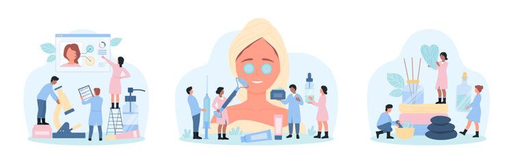 Fototapeta premium Cosmetology set vector illustration. Cartoon tiny cosmetologists using beauty injection and skincare cream, gua sha and massage roller, aromatherapy, scientists research cosmetic product in bottle