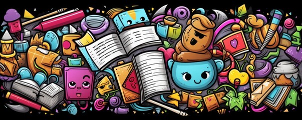 Cartoon cute doodles School banner design. Colorful illustration, Generative AI