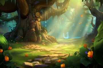 Forest Treasure. Video Game's Digital CG Artwork, Concept Illustration, Realistic Cartoon Style Background, Generative AI