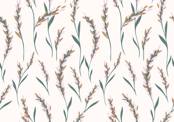 Creative simple branches leaves stem seamless pattern on a light background. Hand drawn vector sketch. Design for fashion, textile, fabric, wallpaper