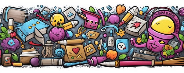 Cartoon cute doodles School banner design. Colorful illustration, Generative AI
