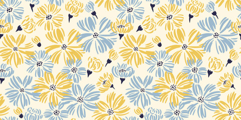 Fototapeta na wymiar Seamless abstract shape ditsy flowers pattern. Vector hand drawn sketch. Stylized simple blue yellow daisy floral on a light back print. Summer or spring background. Design for fashion, fabric