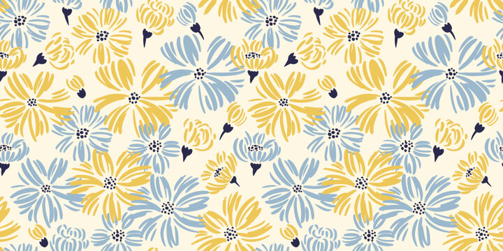 Seamless abstract shape ditsy flowers pattern. Vector hand drawn sketch. Stylized simple blue yellow daisy floral on a light back print. Summer or spring background. Design for fashion, fabric