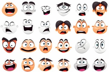 Cartoon faces set. Angry, laughing, smiling, crying, scared and other expressions. Illustration, Generative AI