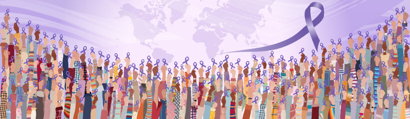 Copy space banner with many raised hands of people holding a purple ribbon on a background with a world map for the World cancer day event. Awareness prevention treatment. Cancer survivor - obrazy, fototapety, plakaty