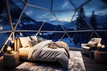 Foto op Plexiglas Luxury glass igloo hotel in mountain forest © Slepitssskaya