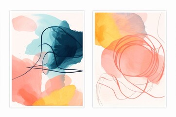 Set of abstract art backgrounds. Contemporary watercolor stains and paint shapes. Multicolored doodles. Textured brush strokes. Hand drawn. For postcards, invitations, covers, magazines, Generative AI