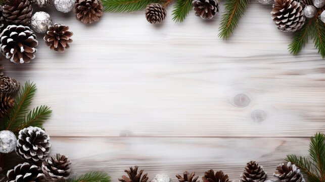 Christmas horizontal background with with pine cones and branches on a wooden parquet background, large copy space for text, advertisement, commercial and marketing
