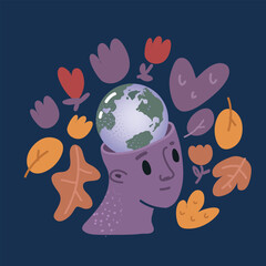 Cartoon vector illustration of with flowers grow inside. Green thinking concept, with a pattern of leaves, plants and flowers. Creative fantasy thinking vector. Fantasy greeting card.