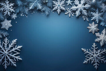 Fototapeta na wymiar Blue Christmas background with snowflakes and copy space