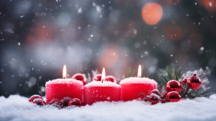 Fototapeta na wymiar 雪の中の赤いクリスマス キャンドルGenerativeAI