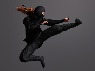 A red-haired female ninja doing a flying kick on light background. Traditional ninja style. 3D illustration.