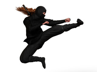 A red-haired female ninja doing a flying kick on transparent background. Traditional ninja style. 3D illustration.