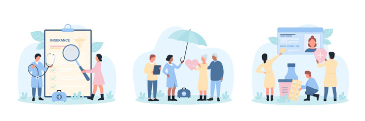 Life and health insurance set vector illustration. Cartoon tiny doctors check paper insurance form on clipboard and medical care card, holding shield with cross and umbrella to protect patients