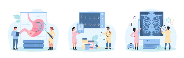 Medical examination set vector illustration. Cartoon tiny doctors with magnifying glass and endoscope, xray and electrocardiogram machine check health of stomach, chest and lungs, monitor heart rate