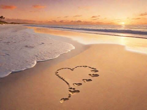 An empty beach at sunset with a romantic, warm color palette. Footprints in the sand lead towards a heart drawn in the shore.