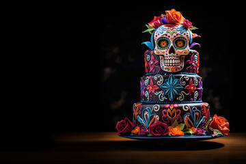 Day of the dead cake decorated with skulls, candles and flowers on a black background. Colorful multi-colored dessert in Mexican style.