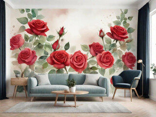An empty wall featuring a watercolor-style mural of roses. This can introduce a soft and artistic atmosphere to any space.