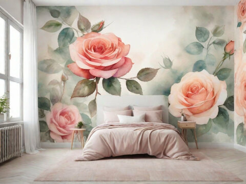 An empty wall featuring a watercolor-style mural of roses. This can introduce a soft and artistic atmosphere to any space.