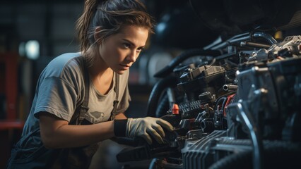 Fototapeta na wymiar Empowered Female Mechanic Showcasing Strength & Precision in Automotive Work - Hands-on Expertise, Tools, and Machinery Details