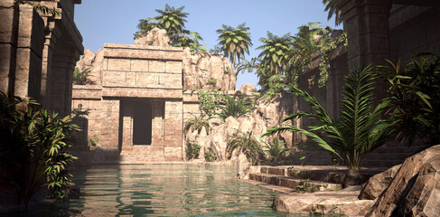 Obraz premium Ruins of the sacred temple with green vegetation. Beautiful natural wallpaper. 3D illustration.