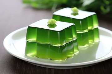 Green Jello Dessert. Two Forms of Sweet and Juicy Green Gelatin for Food Design