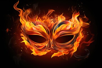 Red and Yellow Fire Mask with Glowing Flames on White Abstract Design Background - Heat and Fire Element