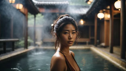 Foto op Canvas Bellissima donna di origini asiatiche con capelli lunghi in un onsen, bagno termale giapponese, con vapore dell'acqua calda della piscina © Wabisabi