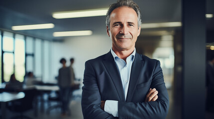 Successful CEO man standing in an office. Portrait of a cheerful confident businessman. AI generated.