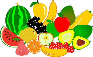 A collection of various fruits such as apples, oranges, grapes, bananas, avocados, mangoes, strawberries, papaya, watermelon and guava