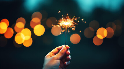 Hand holding a sparkler. New Year's Eve concept.