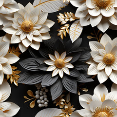 Seamless 3D floral pattern in black, white and gold.