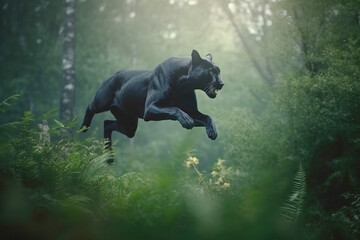 Obraz na płótnie Canvas A panther predator jumps out of the green jungle, close-up. Carnivore animal hunter of the wild. AI generated.