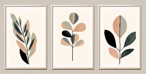 Set of botanical contemporary collage minimalist wall art poster, Generative AI