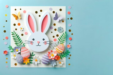 3D illustration of a white bunny with Easter eggs and flowers, sitting on a yellow pot
