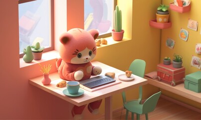 Kawaii casual funny girl use computer for study, cat sit on windowsill. Teen room with red-yellow walls, green table, chair, carpet, plant, books, coffee cup, bear toy,smartphone, cookies.GenerativeAI